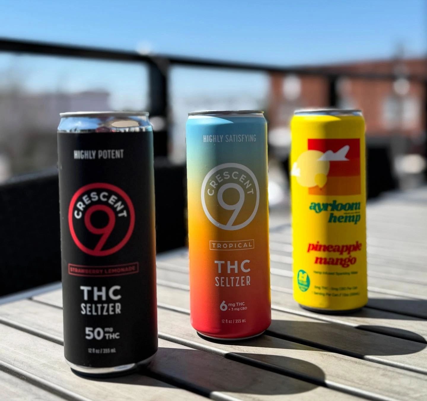 Crescent seltzer cans on rooftop