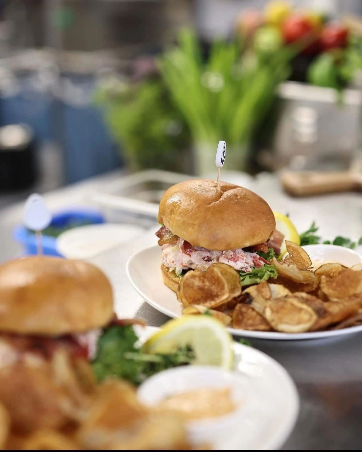 Gourmet seafood burger with chips