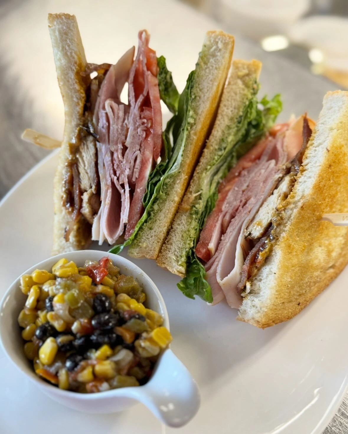 Club sandwiches with corn salad side