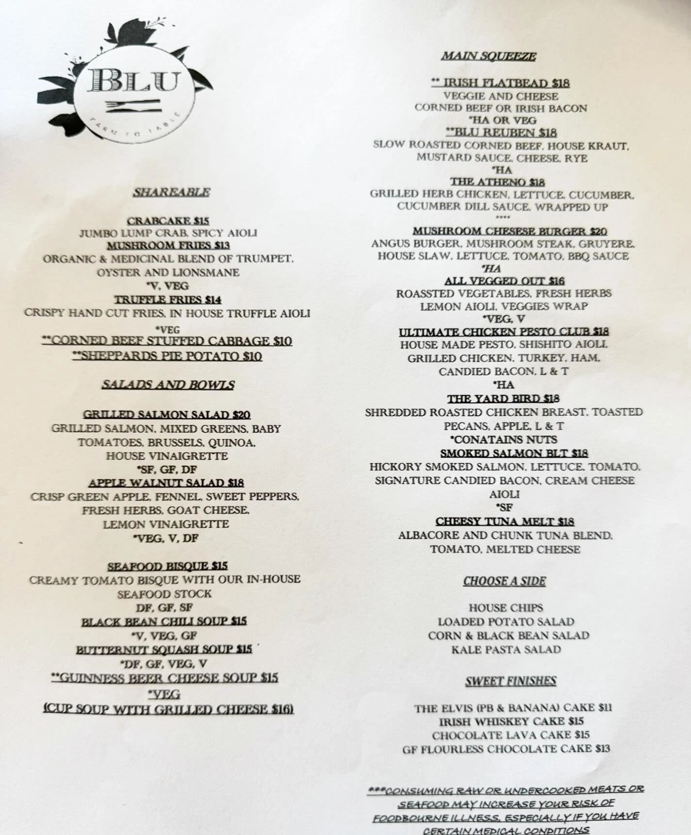 Blu Farm menu and sandwiches